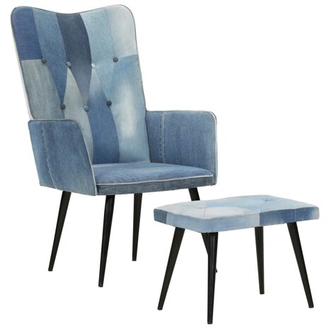 Fauteuil met voetensteun patchwork canvas blauw denim 11