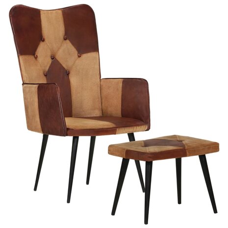 Fauteuil met voetensteun echt leer en canvas bruin 11