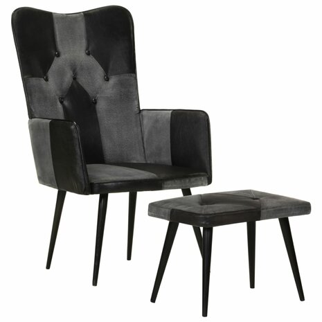 Fauteuil met voetensteun echt leer en canvas zwart 1