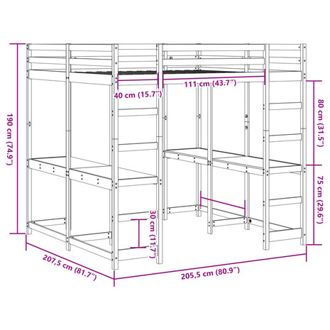 Hoogslaper met bureau en ladder massief grenenhout 200x200 cm 10