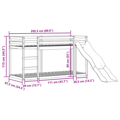 Stapelbed met glijbaan en ladder grenenhout wit 80x200 cm 11