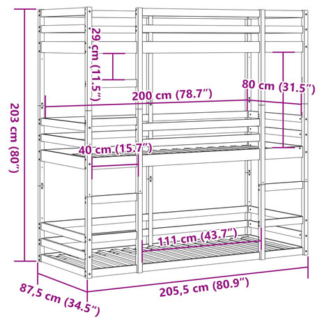 Stapelbed 3-persoons massief grenenhout wit 80x200 cm 10