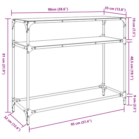 Wandtafel met transparant glazen blad 98x35x81 cm staal 8