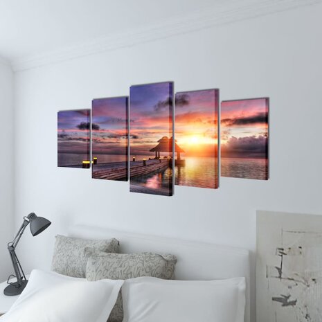 Canvas muurdruk set zandstrand met paviljoen 200 x 100 cm 2