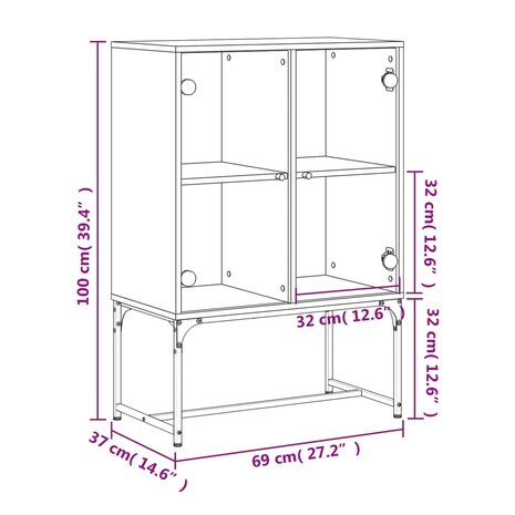 Bijzetkast met glazen deuren 69x37x100 cm betongrijs 11