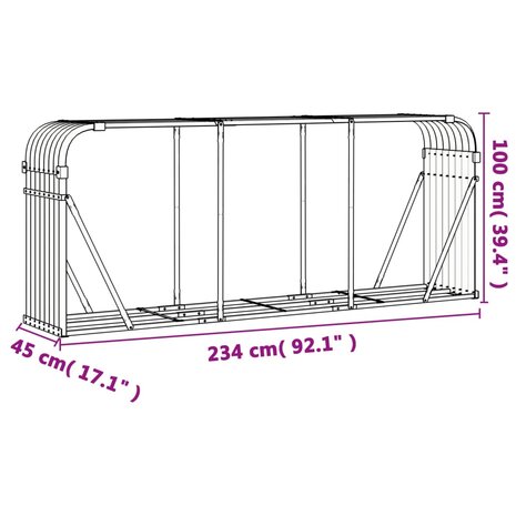 Haardhoutopslag 234x45x100 cm gegalvaniseerd staal zilverkleur 9