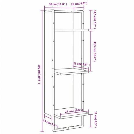 Wandrek 3-laags 30x25x100 cm bewerkt hout sonoma eikenkleurig 8