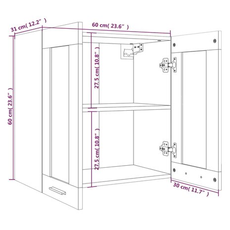 Wandkast hangend 60x31x60 cm glas en bewerkt hout gerookt eiken 9