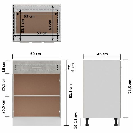 Onderkast met lade 60x46x81,5 cm bewerkt hout betongrijs 9