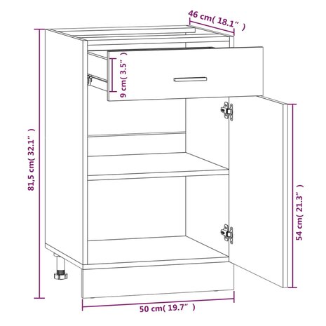 Onderkast met lade 50x46x81,5 cm bewerkt hout bruin eikenkleur 9