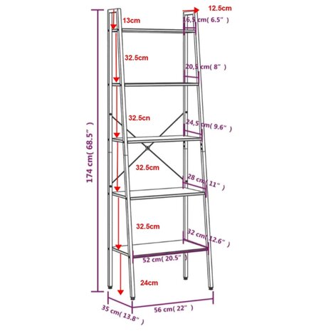 Ladderrek met 5 schappen 56x35x174 cm donkerbruin en zwart 8