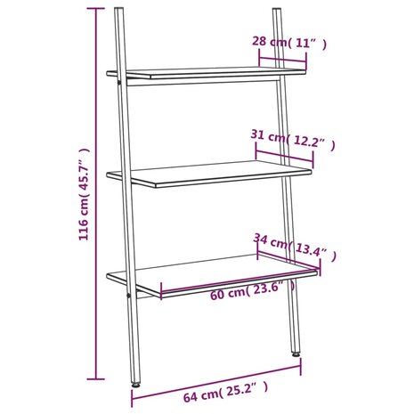 Ladderrek met 3 schappen 64x34x116 cm lichtbruin en zwart 8