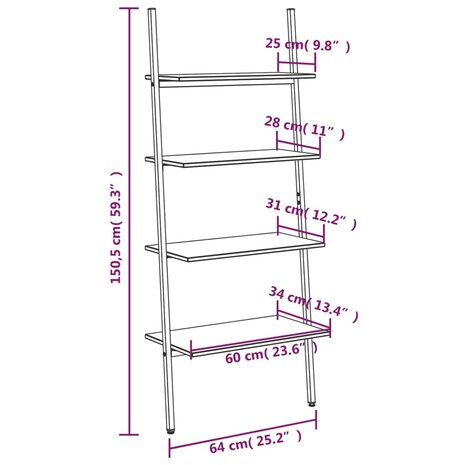 Ladderrek met 4 schappen 64x34x150,5 cm lichtbruin en zwart 8