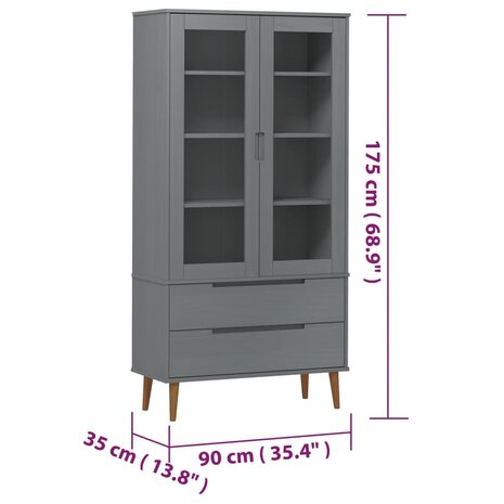 Vitrinekast MOLDE 90x35x175 cm massief grenenhout grijs 8