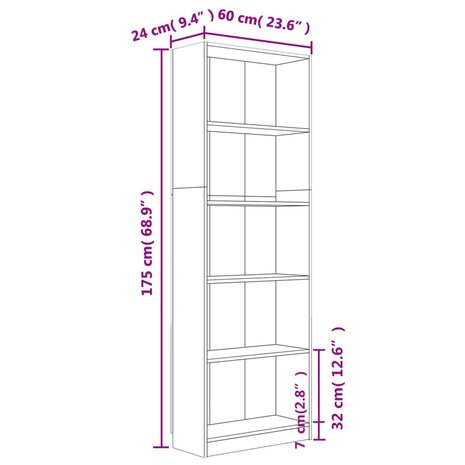 Boekenkast 60x24x175 cm bewerkt hout gerookt eikenkleurig 6