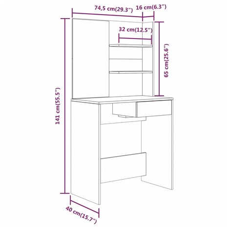 Kaptafel met spiegel 74,5x40x141 cm hoogglans wit 9