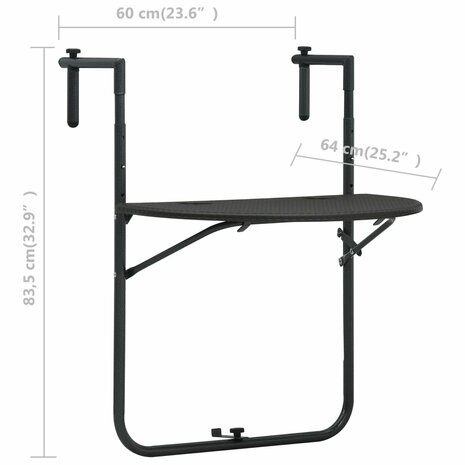 Balkontafel hangend 60x64x83,5 cm rattan-look kunststof bruin 9