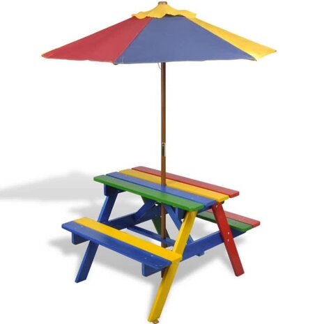 Kinderpicknicktafel met banken en parasol hout meerkleurig 6