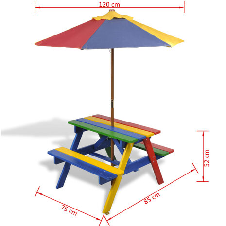 Kinderpicknicktafel met banken en parasol hout meerkleurig 7