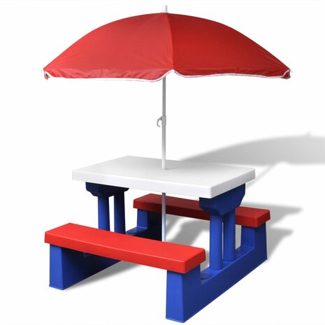 Kinderpicknicktafel met banken en parasol meerkleurig 1