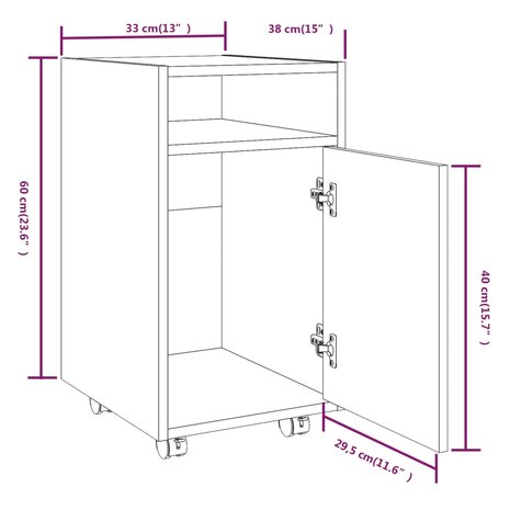 Bijzetkast met wielen 33x38x60 cm bewerkt hout bruineikenkleur 8