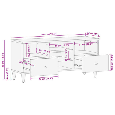 Tv-meubel 100x33x46 cm massief mangohout 11