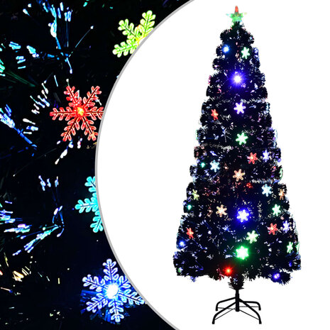 Kerstboom met LED-sneeuwvlokken 210 cm glasvezel zwart 1