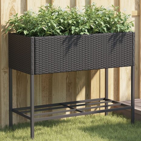 Plantenbak met schap poly rattan zwart 1