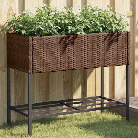 Plantenbak met schap poly rattan bruin 1