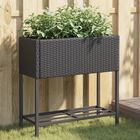 Plantenbak met schap poly rattan zwart 1