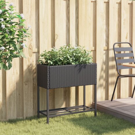 Plantenbak met schap poly rattan zwart 3