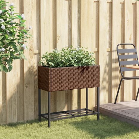 Plantenbak met schap poly rattan bruin 3