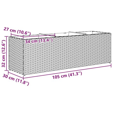 Plantenbak met 3 potten 105x30x32 cm poly rattan bruin 11