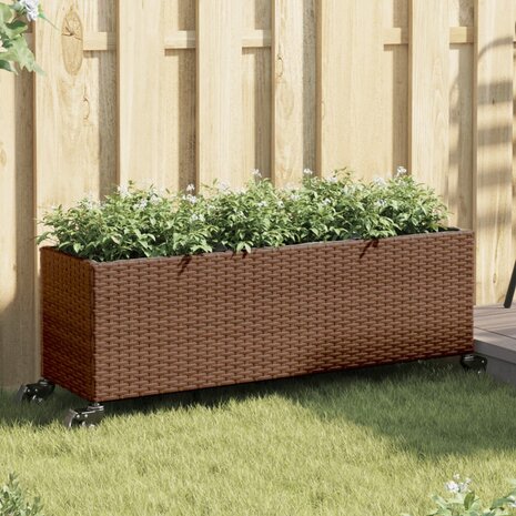 Plantenbak met wielen 3 potten 107x32x38 cm poly rattan bruin 1