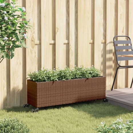 Plantenbak met wielen 3 potten 107x32x38 cm poly rattan bruin 3