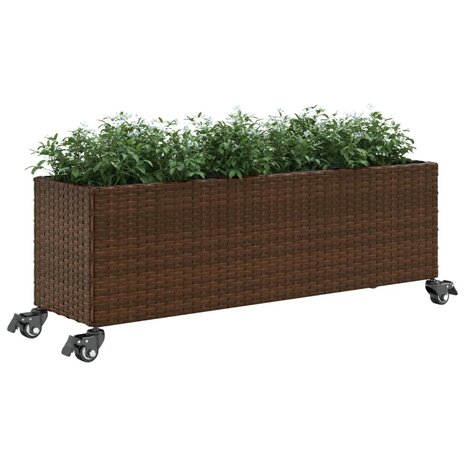 Plantenbak met wielen 3 potten 107x32x38 cm poly rattan bruin 4