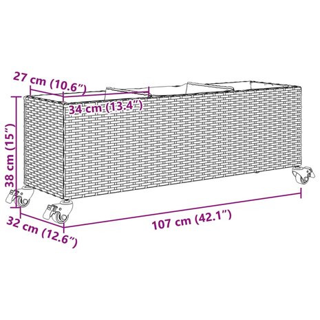 Plantenbak met wielen 3 potten 107x32x38 cm poly rattan bruin 11