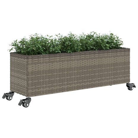 Plantenbak met wielen 3 potten 107x32x38 cm poly rattan grijs 4