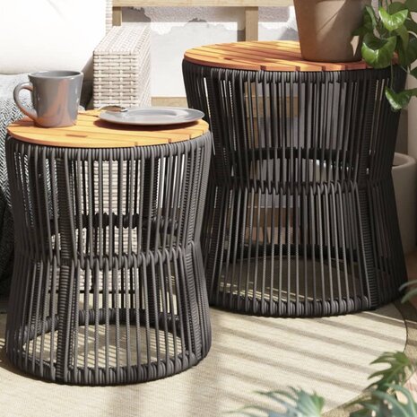 Tuinbijzettafels 2 st met houten blad poly rattan grijs 1