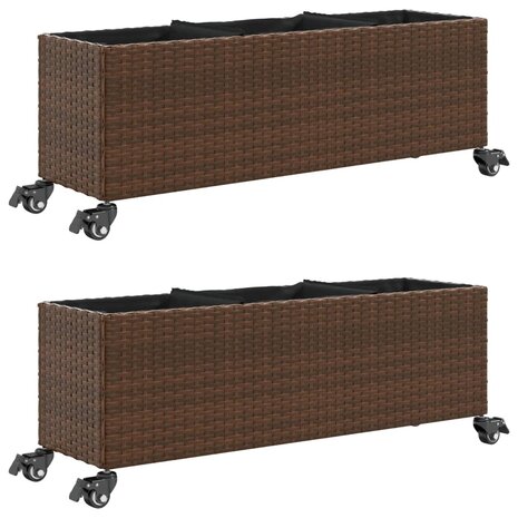 Plantenbakken met wielen 2 st 107x32x38 cm poly rattan bruin 2