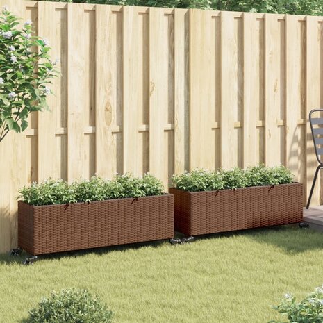 Plantenbakken met wielen 2 st 107x32x38 cm poly rattan bruin 3