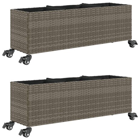 Plantenbakken met wielen 2 st 107x32x38 cm poly rattan grijs 2