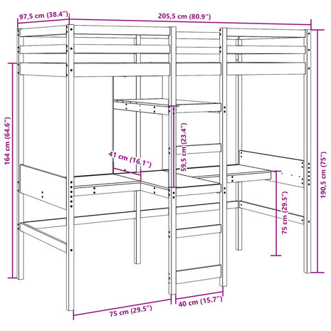 Hoogslaper met bureau en schappen massief grenenhout 90x200cm 10