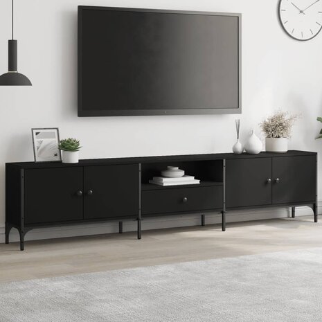 Tv-meubel met lade 200x25x44 cm bewerkt hout zwart 1