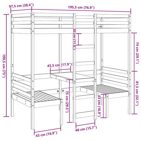 Hoogslaper met bureau en stoelen massief grenenhout 90x190cm 10