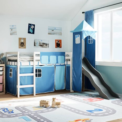 Kinderhoogslaper met toren 80x200 cm massief grenenhout blauw 1