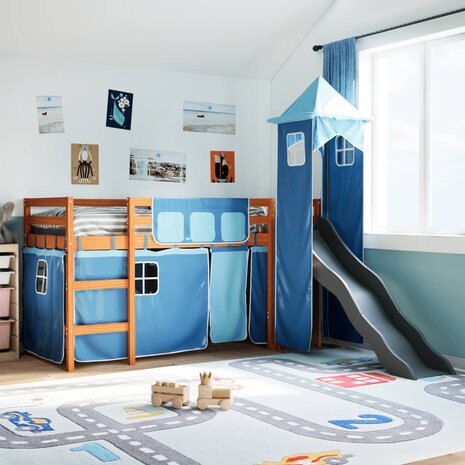 Kinderhoogslaper met toren 90x200 cm massief grenenhout blauw 1