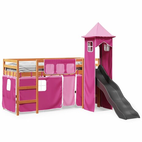 Kinderhoogslaper met toren 90x200 cm massief grenenhout roze 3