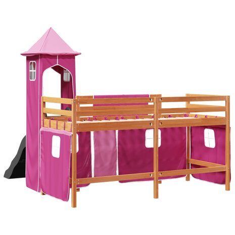 Kinderhoogslaper met toren 90x200 cm massief grenenhout roze 10