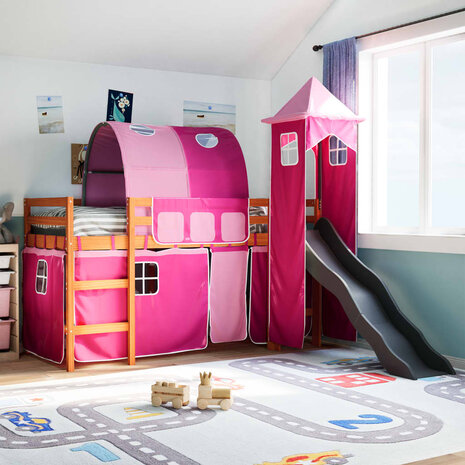 Kinderhoogslaper met toren 80x200 cm massief grenenhout roze 1